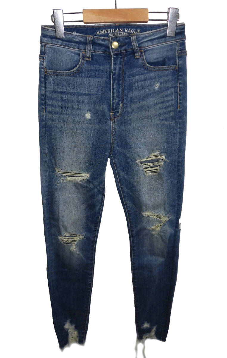 Λ美品 AMERICAN EAGLE アメリカンイーグル SUPER STRETCH X クラッシュ加工 スキニーデニムパンツ 34(XS)