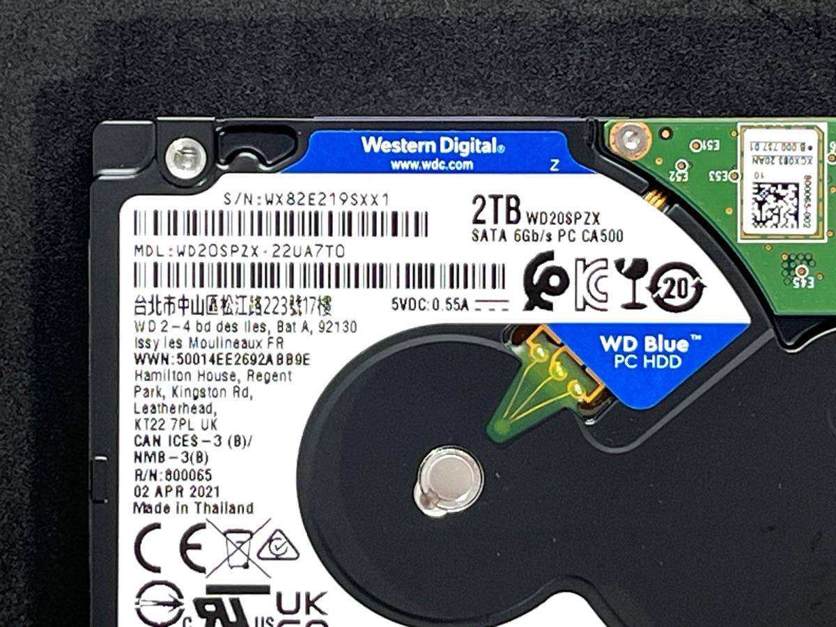 【送料無料】 ★ 2TB ★　WD Blue　/　WD20SPZX　【使用時間：61ｈ】2021年製　Western Digital Blue　稼働極少 2.5インチ内蔵HDD/7mm 即決_画像3