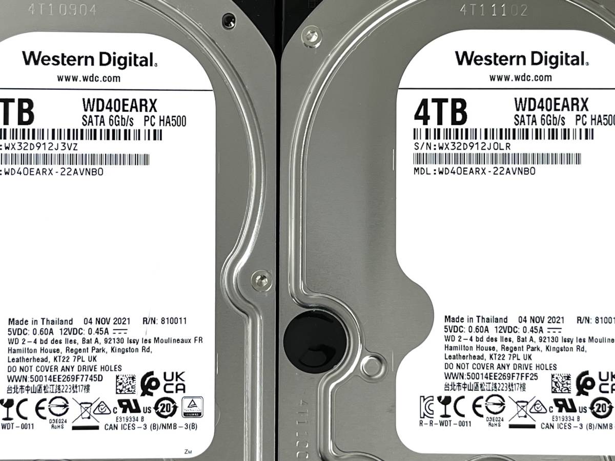 【送料無料】 2個セット ★ 4TB ★　Western Digital / WD40EARX 【使用時間：473ｈ＆452ｈ】 2021年製　稼働少　3.5インチ内蔵HDD SATA_画像4