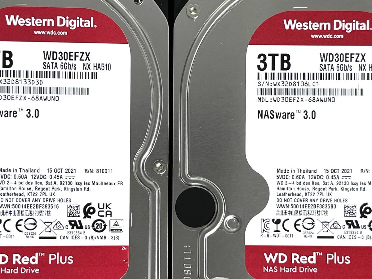 【送料無料】 2個セット　★ 3TB ★　WD Red Plus / WD30EFZX　【使用時間:2623ｈ＆2622ｈ】2021年製　良品　Western Digital RED Plus_画像4