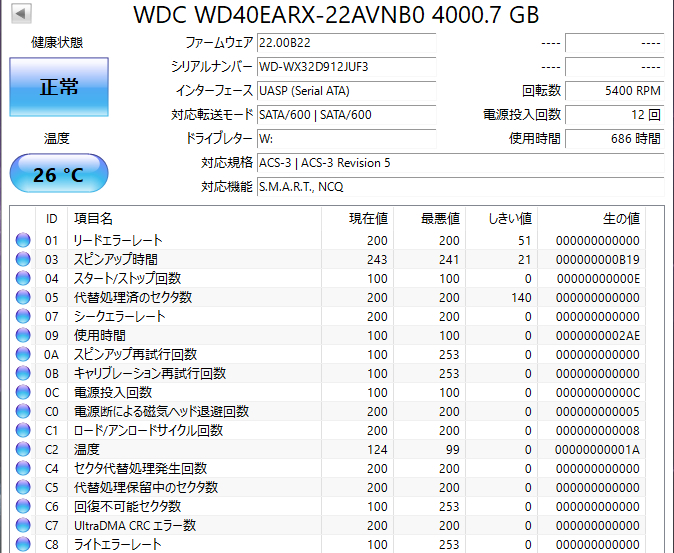4TB Western Digital / WD40EARX 【使用時間 686 h】 2021年製 4TB Western Digital / WD40EARX 【使用時間 686 h】 2021年製