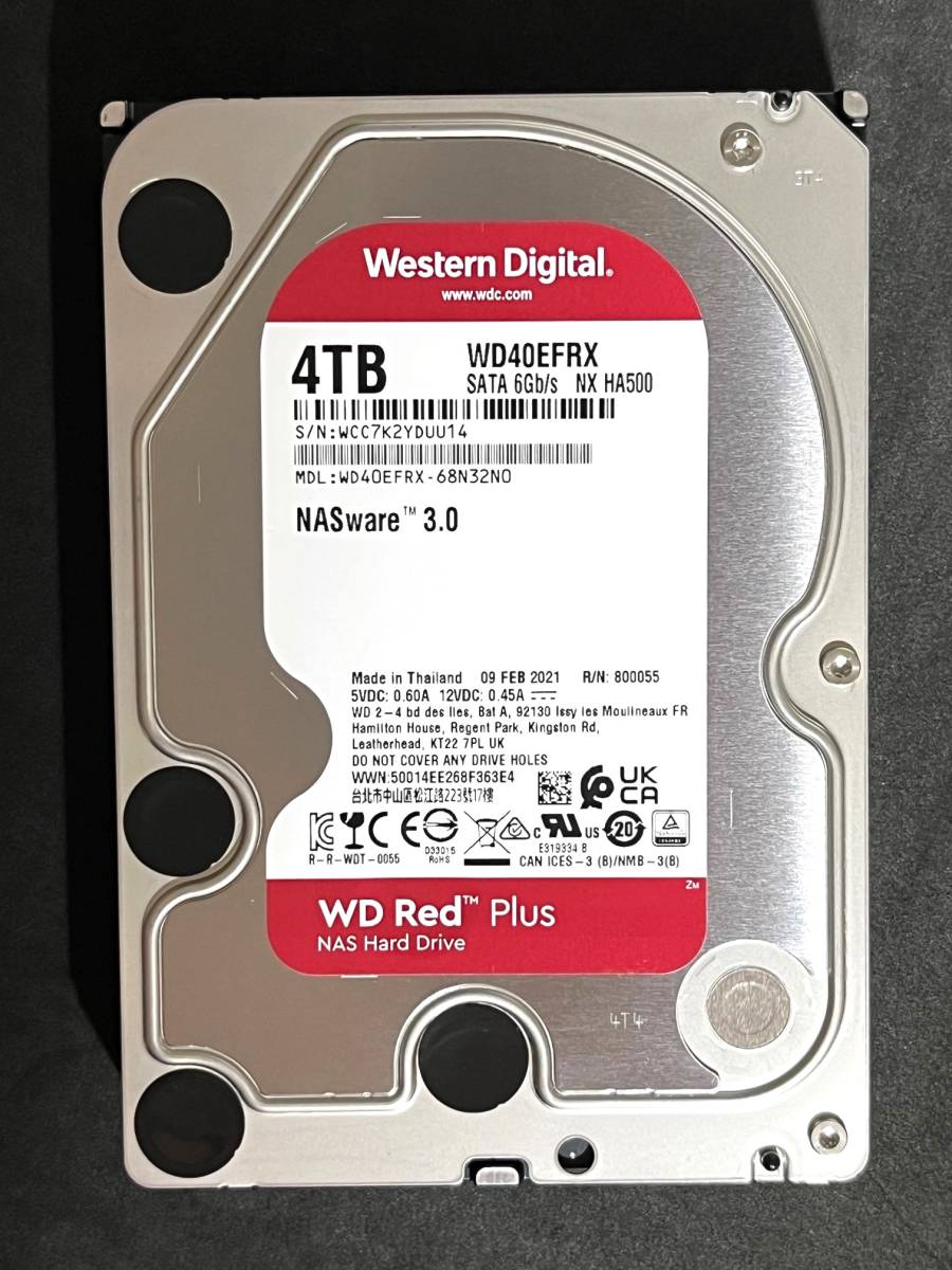 【送料無料】　★ 4TB ★　WD Red / WD40EFRX　【使用時間：100ｈ】 2021年製　稼働極少　Western Digital RED　3.5インチ内蔵HDD SATA