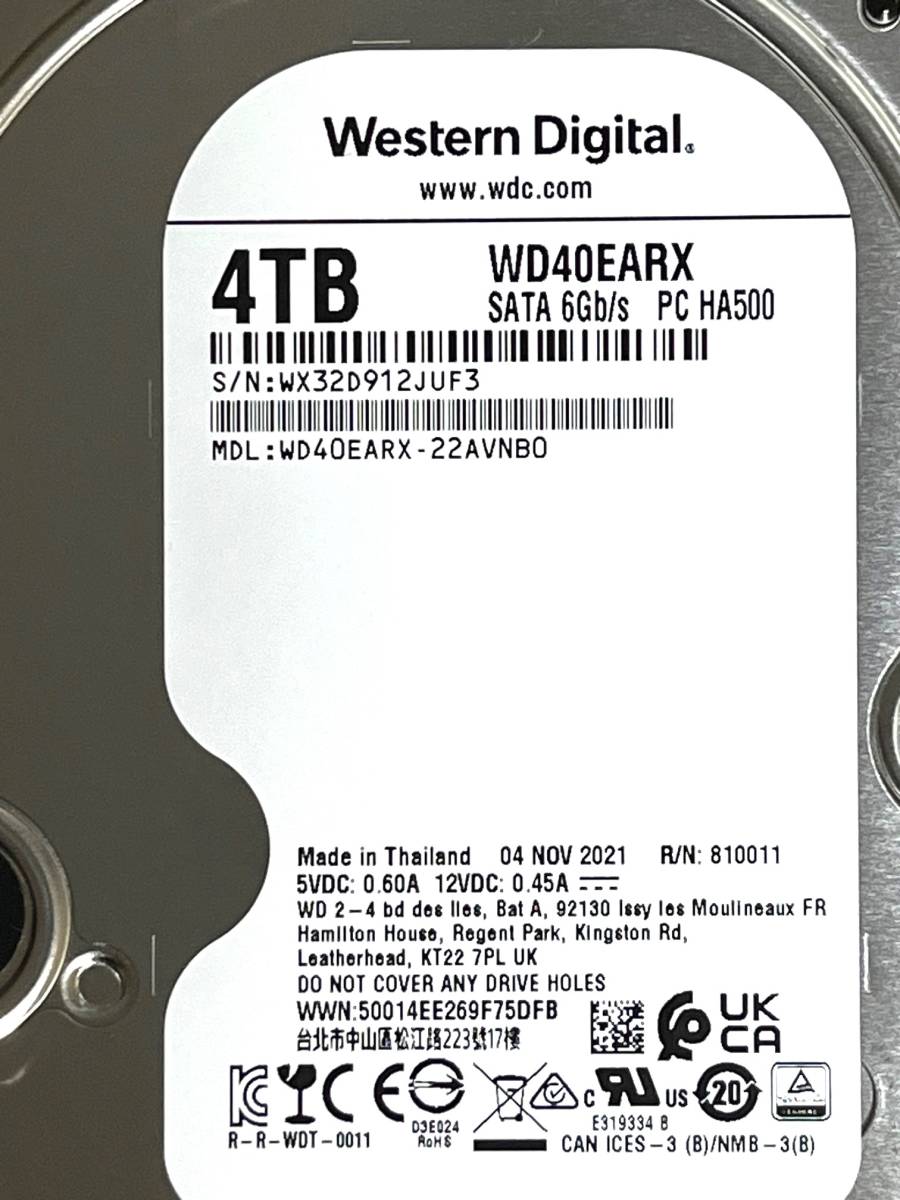 4TB Western Digital / WD40EARX 【使用時間 686 h】 2021年製 4TB Western Digital / WD40EARX 【使用時間 686 h】 2021年製