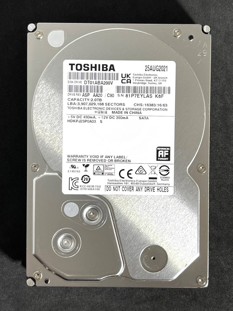 【送料無料】　★ 2TB ★　TOSHIBA / DT01ABA200V　【使用時間： 1421 ｈ】 良品　2021年製　3.5インチ　内蔵HDD　SATA　AVコマンド対応_画像1