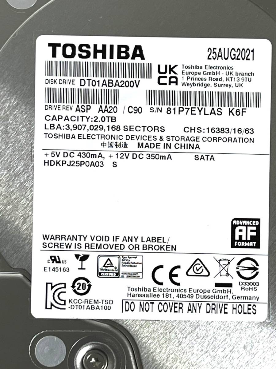 【送料無料】　★ 2TB ★　TOSHIBA / DT01ABA200V　【使用時間： 1421 ｈ】 良品　2021年製　3.5インチ　内蔵HDD　SATA　AVコマンド対応_画像3