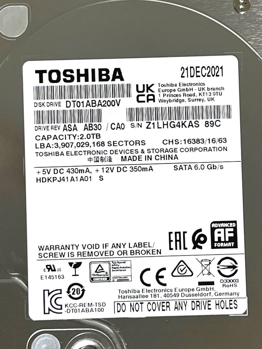 【送料無料】　★ 2TB ★　TOSHIBA / DT01ABA200V　【使用時間： 30 ｈ】 新品同様　2021年製　3.5インチ　内蔵HDD　SATA　AVコマンド対応_画像3