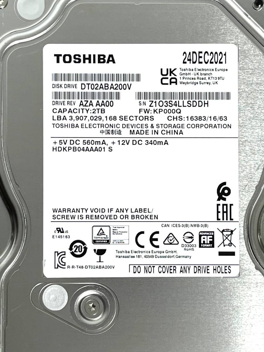 【送料無料】 ★ 2TB ★ TOSHIBA / DT02ABA200V 【使用時間： 2974 ｈ】 2021年製 良品 3.5インチ内蔵HDD AVコマンド対応の画像3