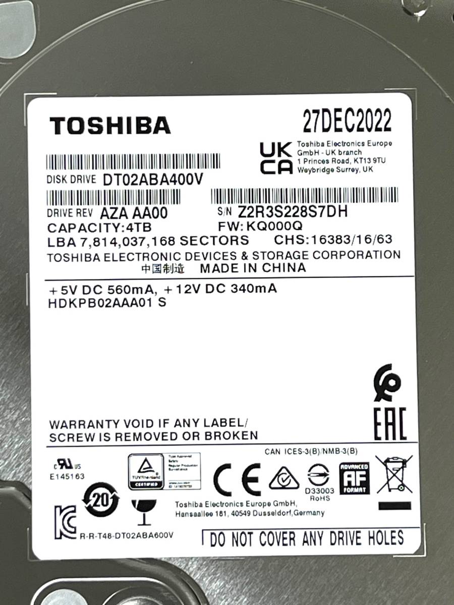 【送料無料】　★ 4TB ★　TOSHIBA / DT02ABA400V　【使用時間： 995 ｈ】　2022年製　良品　3.5インチ内蔵HDD　SATA　AVコマンド対応_画像3