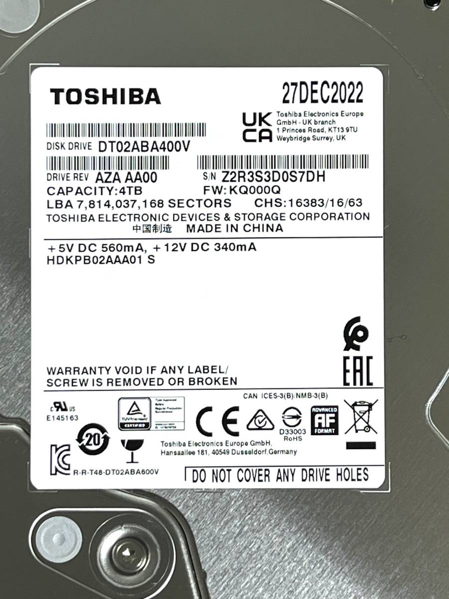 【送料無料】　★ 4TB ★　TOSHIBA / DT02ABA400V　【使用時間： 717 ｈ】　2022年製　良品　3.5インチ内蔵HDD　SATA　AVコマンド対応_画像3