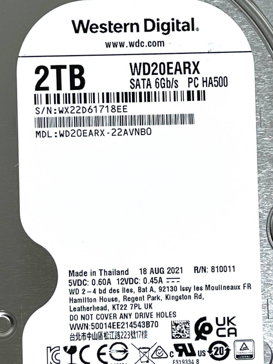 【送料無料】★ 2TB ★ Western Digital / WD20EARX 【使用時間： 2810 ｈ】 2021年製 良品 3.5インチ 内蔵HDD SATA の画像3