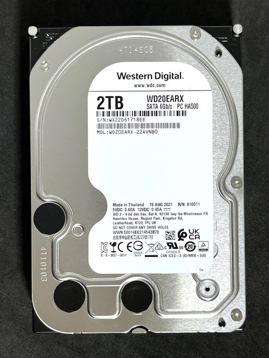 【送料無料】★ 2TB ★ Western Digital / WD20EARX　【使用時間： 2810 ｈ】　2021年製　良品　3.5インチ 内蔵HDD　SATA　