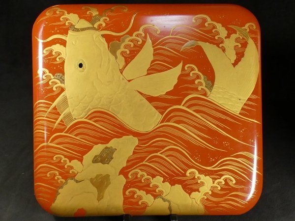 売り切れ必至! 恵 #0819 検 木製 四段重箱 鯉図 朱塗 見応えある金蒔絵 】 重箱