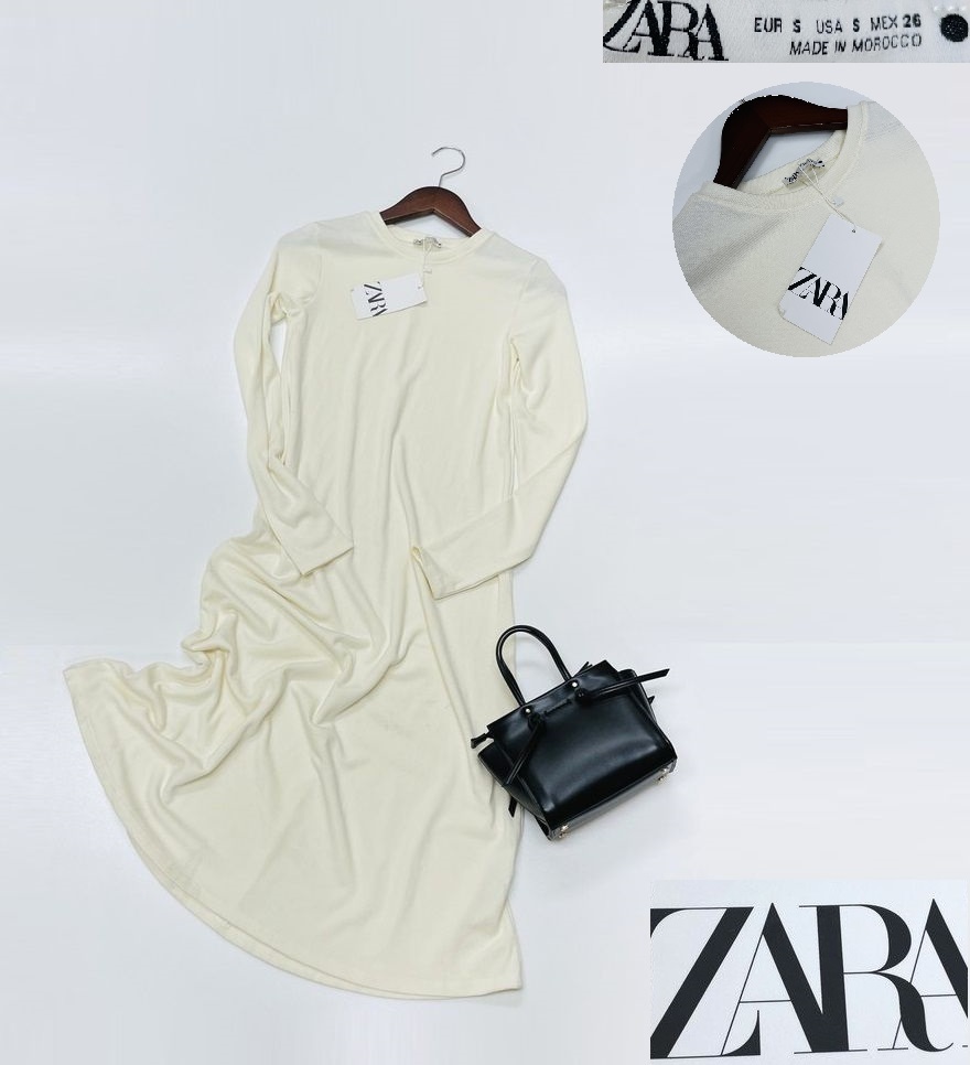 未使用品 /S/ ZARA ホワイト ニットミディドレス ワンピース レディース タグ カジュアルレジャー トップス白大人可愛い長袖 デイリー ザラ