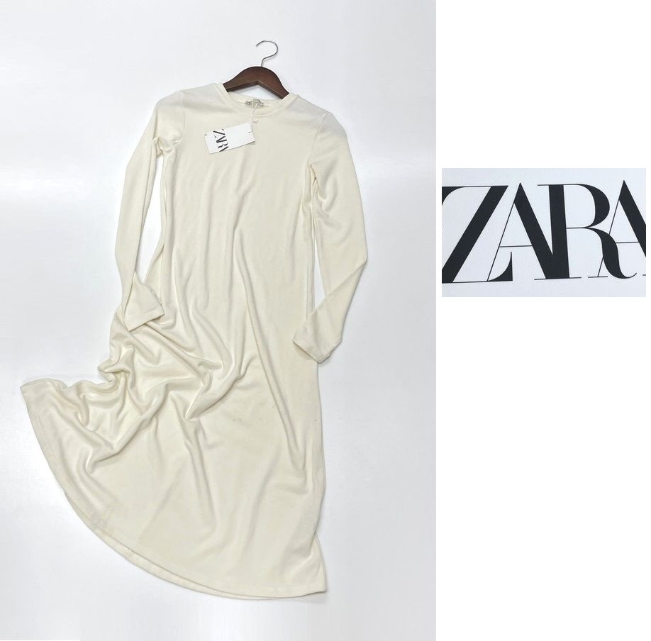 未使用品 /S/ ZARA ホワイト ニットミディドレス ワンピース レディース タグ カジュアルレジャー トップス白大人可愛い長袖 デイリー ザラ