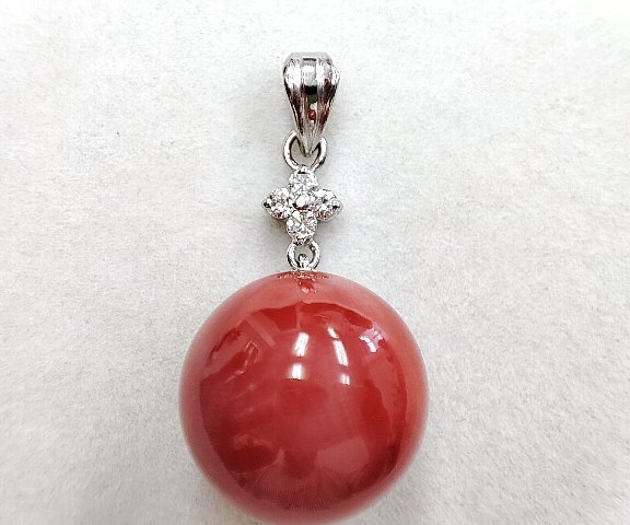 最新情報 天然ダイヤモンド 13.8mm 天然朱赤サンゴ Y8861★Pm900 ペンダントトップ 仕上済 珊瑚★4.4g コーラル、サンゴ