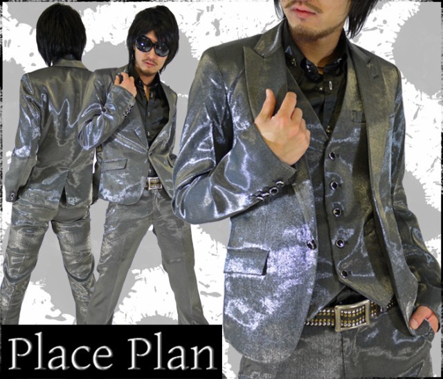 本物の 【Place plan】ピークドラベルシャンブレースーツ☆新品シルバーブラックL Lサイズ