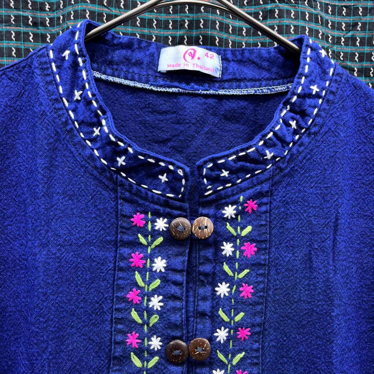 チャイナシャツ 花刺繍 刺繍 七分袖 レディース フリーサイズ コットン100％ タイ製品 c-144_画像2