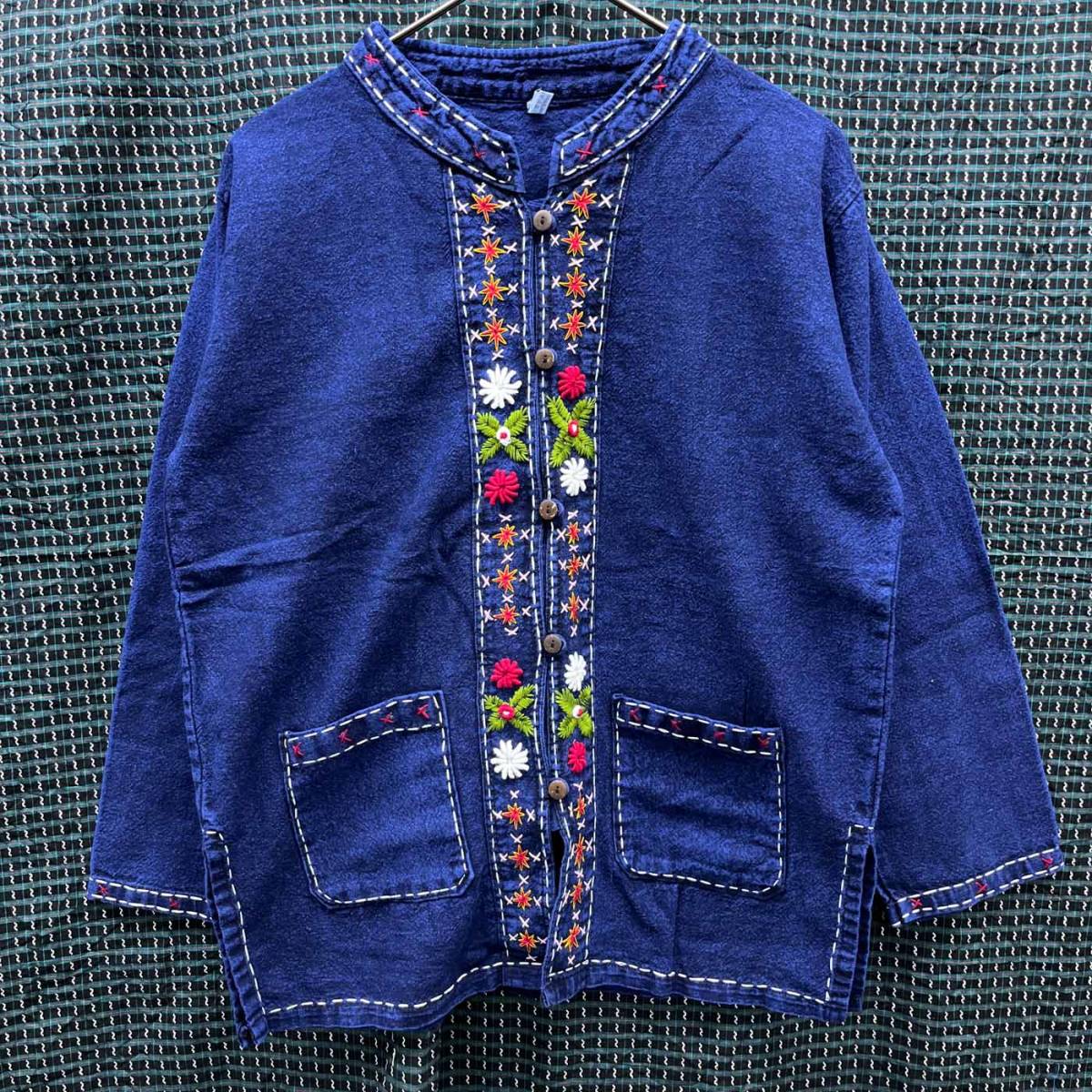チャイナシャツ 花刺繍 刺繍 長袖 レディース Mサイズ コットン100％ タイ製品 c-145_画像1