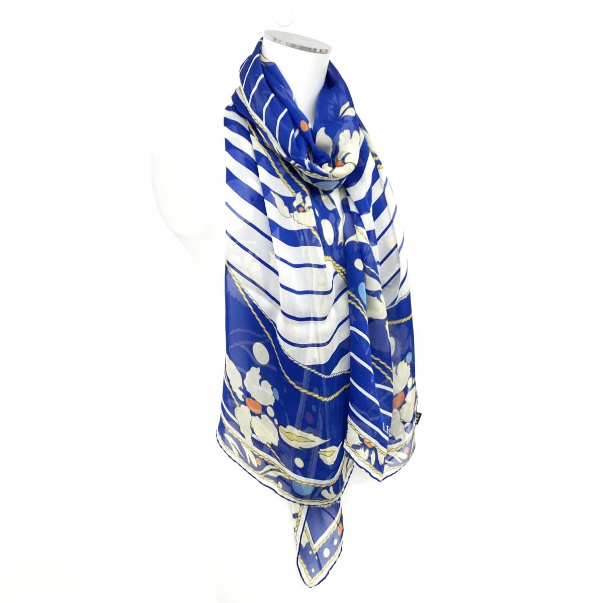 良好◆LEONARD レオナール ストール◆ ブルー シルク100% 花柄 レディース イタリア製 襟巻 服飾小物_画像2