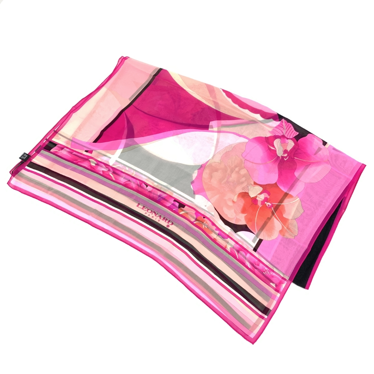 ◆LEONARD レオナール 大判ストール◆ ピンク シルク100％ 花柄 レディース マフラー ストール 襟巻 服飾小物