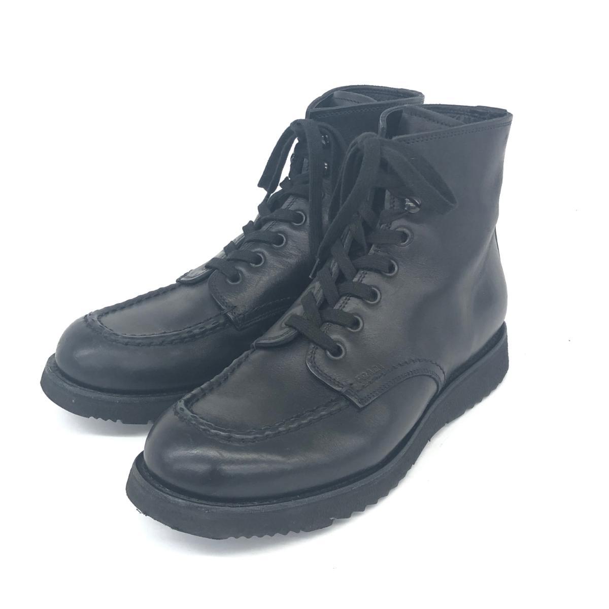 ◆PRADA プラダ レースアップブーツ 9◆ ブラック レザー メンズ 靴 シューズ boots ワークブーツ