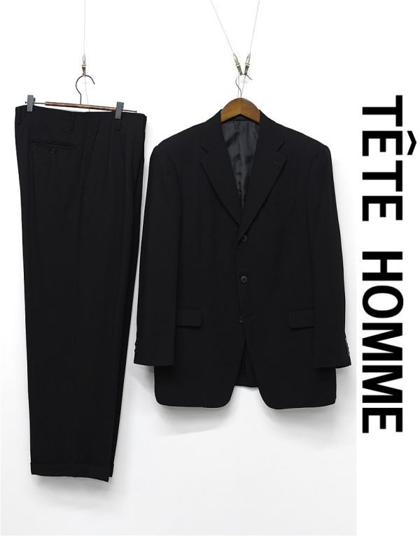 N255/美品 TETE HOMME テットオム セットアップ スーツ テーラードジャケット パンツ スラックス 背抜き 3つ釦 2タック 裾ダブル EL XL 黒