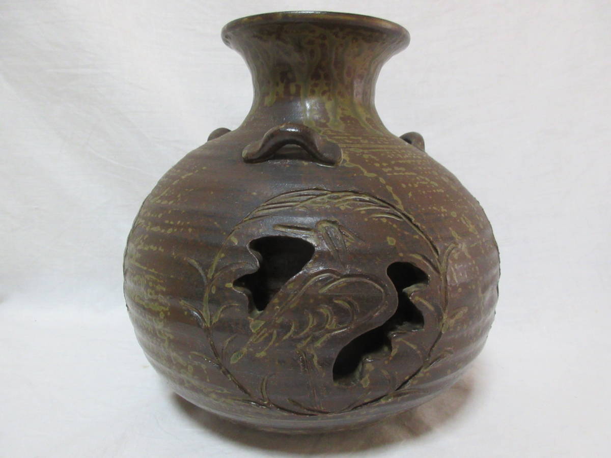 ◆和陶器　透かし花瓶　在銘　「み」刻　_画像3