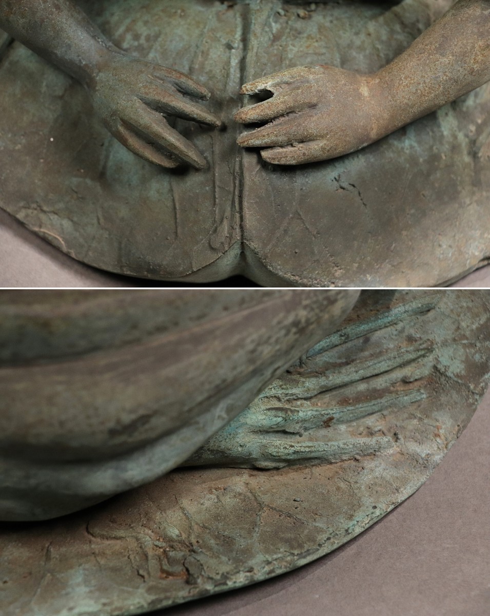 M459 金工 古い銅製の蛙置物 高24cm 最大幅28.2cm 蓮にカエル 噴水 手水 庭園 ガーデニング 銅像 オブジェ インテリア