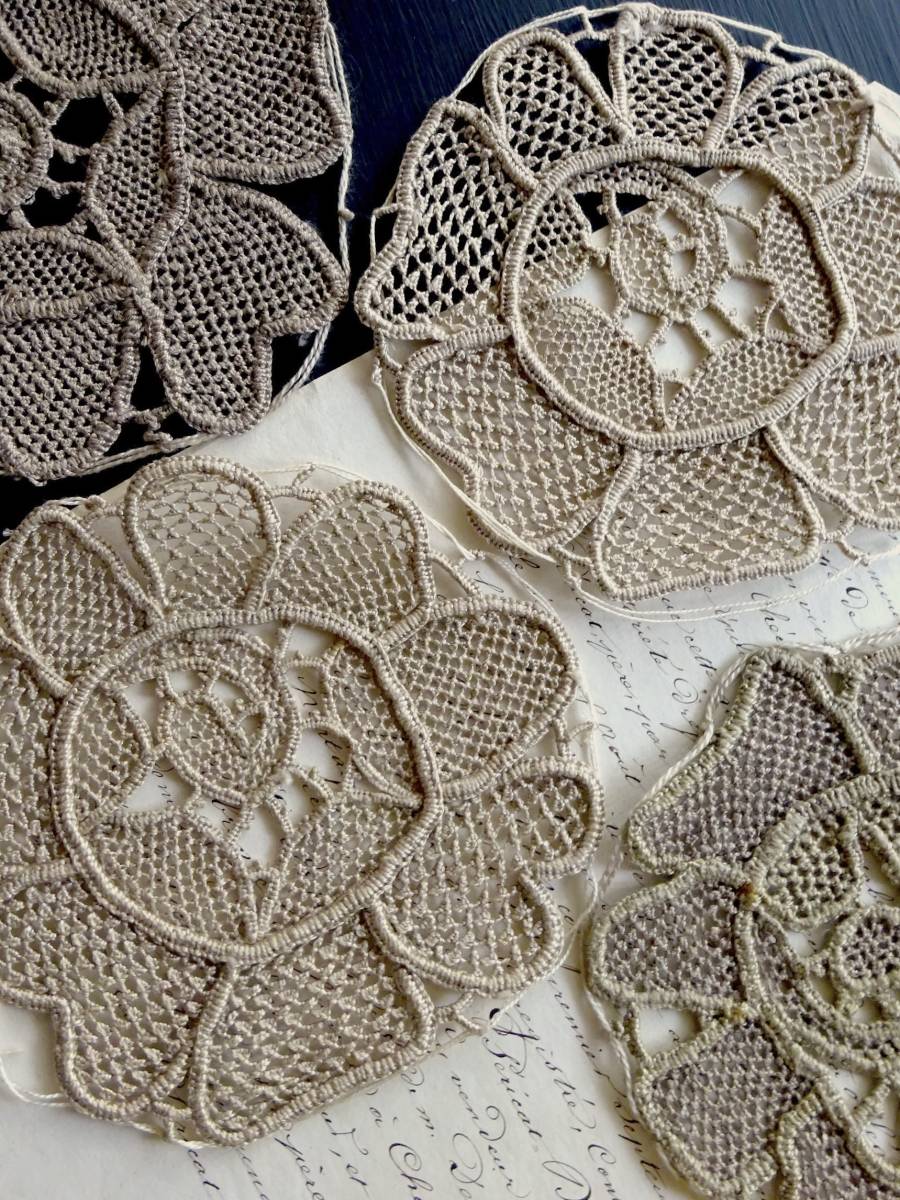 19世紀-20世紀 フランス ドイリー4点 レース アンティーク 刺繍 布 縫製 古布 カットワーク スカラップ トリム チュール リメイク_画像2
