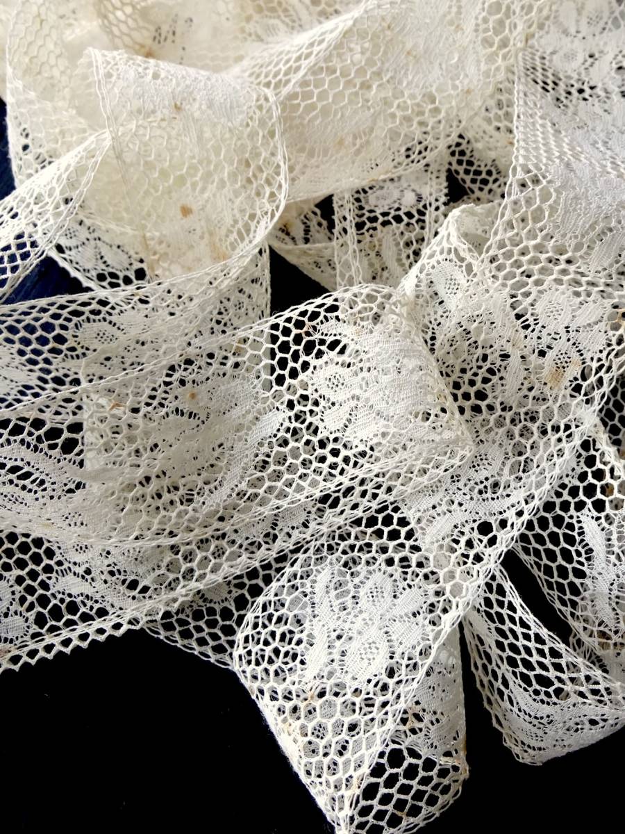 19世紀-20世紀 242cm フランス レース アンティーク 刺繍 布 縫製 古布 カットワーク スカラップ トリム チュール リメイク_画像3