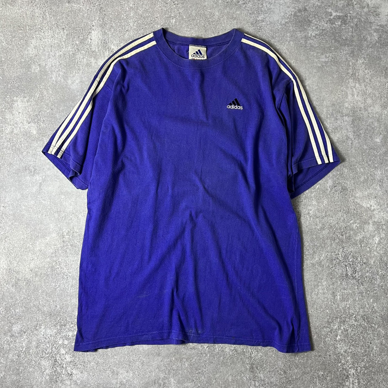 90s adidas 3ストライプ パフォーマンス ロゴ 刺繍 半袖 Tシャツ XL / 90年代 アディダス オールド パープル 紫