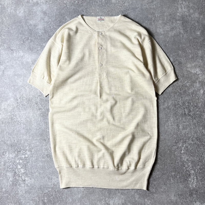 雰囲気系 50s KooKaburra ヘンリーネック ウール コットン リブ編み 半袖 Tシャツ 42 / 50年代 ビンテージ サーマル 猫目ボタン