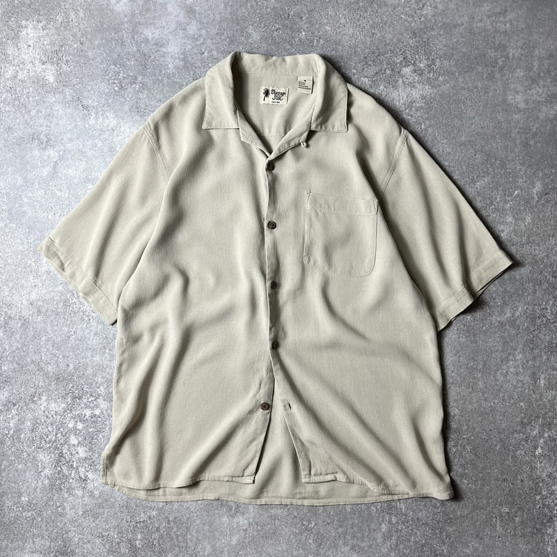 00s~ Vintage Silk 無地 100% シルク 半袖 オープンカラー シャツ M / 00年代 オールド 開襟 ボックス ベージュ ワッフル
