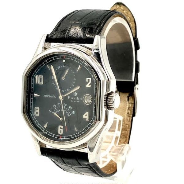 仙13【稼働品】Furbo F5002 腕時計 自動巻き デイト クロノメーター ブラック文字盤 フルボ メンズ 革ベルト_画像3