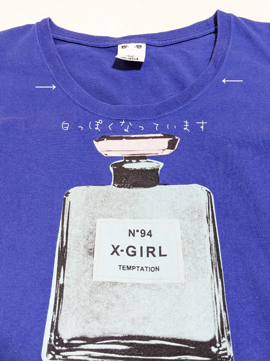 X-girl ミニワンピ サイズ1 トップス エックスガール 五分袖 5分袖 チュニック ワンピース Tシャツ ロゴ入り ブルー 青 ロンT 少々難あり 