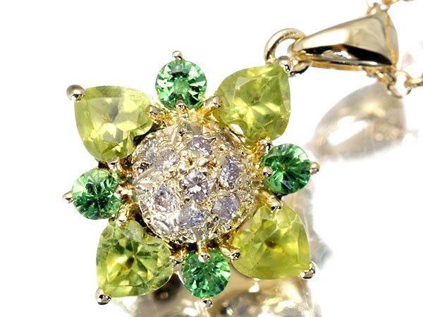 【ジュエリー極】ペリドット1.04ct＆グリーンガーネット0.30ct＆ダイヤモンド0.17ct 高級K18YGネックレス a469ko【送料無料】