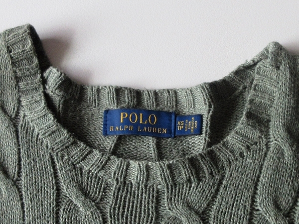 POLO RALPH LAUREN ラルフローレン ポロポニーロゴ刺繍 コットン ケーブルニット アランセーター XS カーキグリーン 淡い緑色 国内正規品_画像4