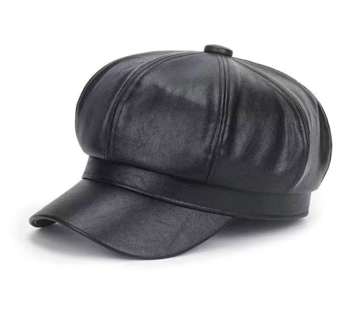 ブラックベレー帽 PU レザー 帽子 レディース オシャレ ファッション 小物 無地 シンプル 季節感 小顔効果 八角形 かわいい