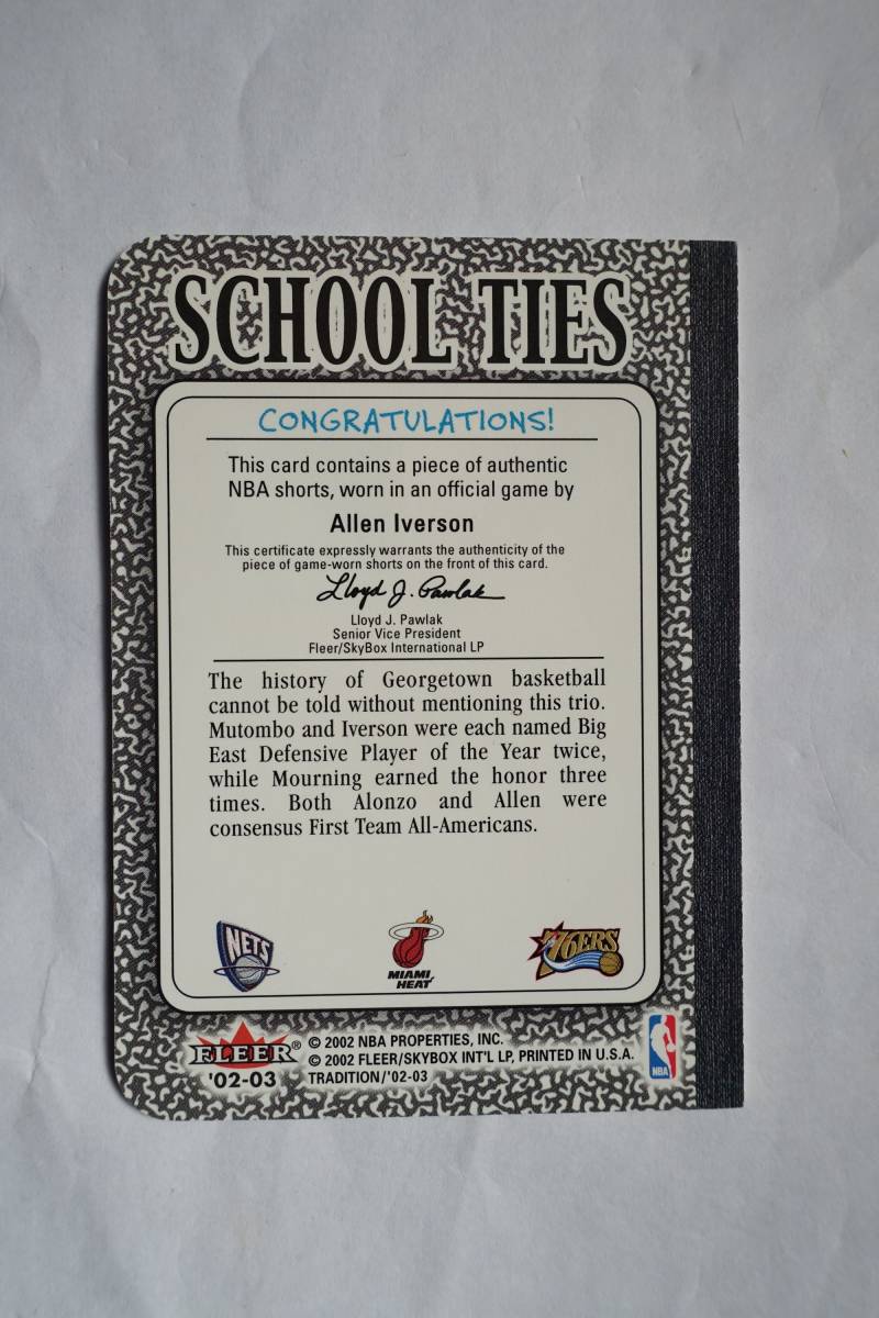 Allen Iverson2002-03 Fleer Tradition School Ties Game-Used Single_画像2