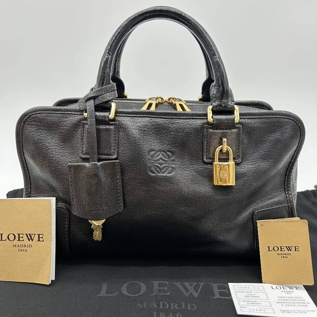 【極美品】ロエベ LOEWE アマソナ28 ハンドバッグ ミニボストンバッグ アナグラム レザー シボ革 ゴールド金具 南京錠 カデナ ブラック 黒_画像2