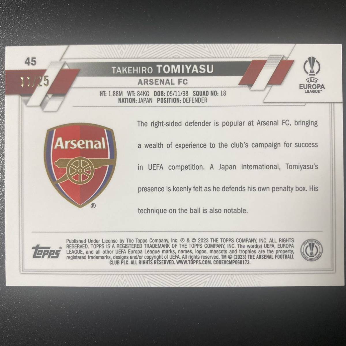 2022-23 Topps Chrome UEFA 冨安健洋 Takehiro Tomiyasu /25 Orange Arsenal_画像2