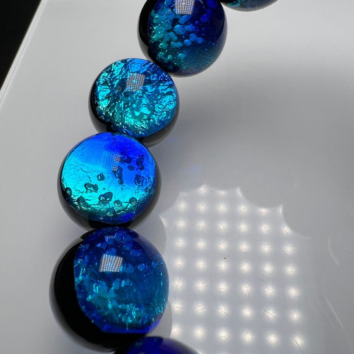 タケトミブルー 蓄光 ホタルガラス 14mm ブレスレット とんぼ玉 とんぼガラス 16.5cm