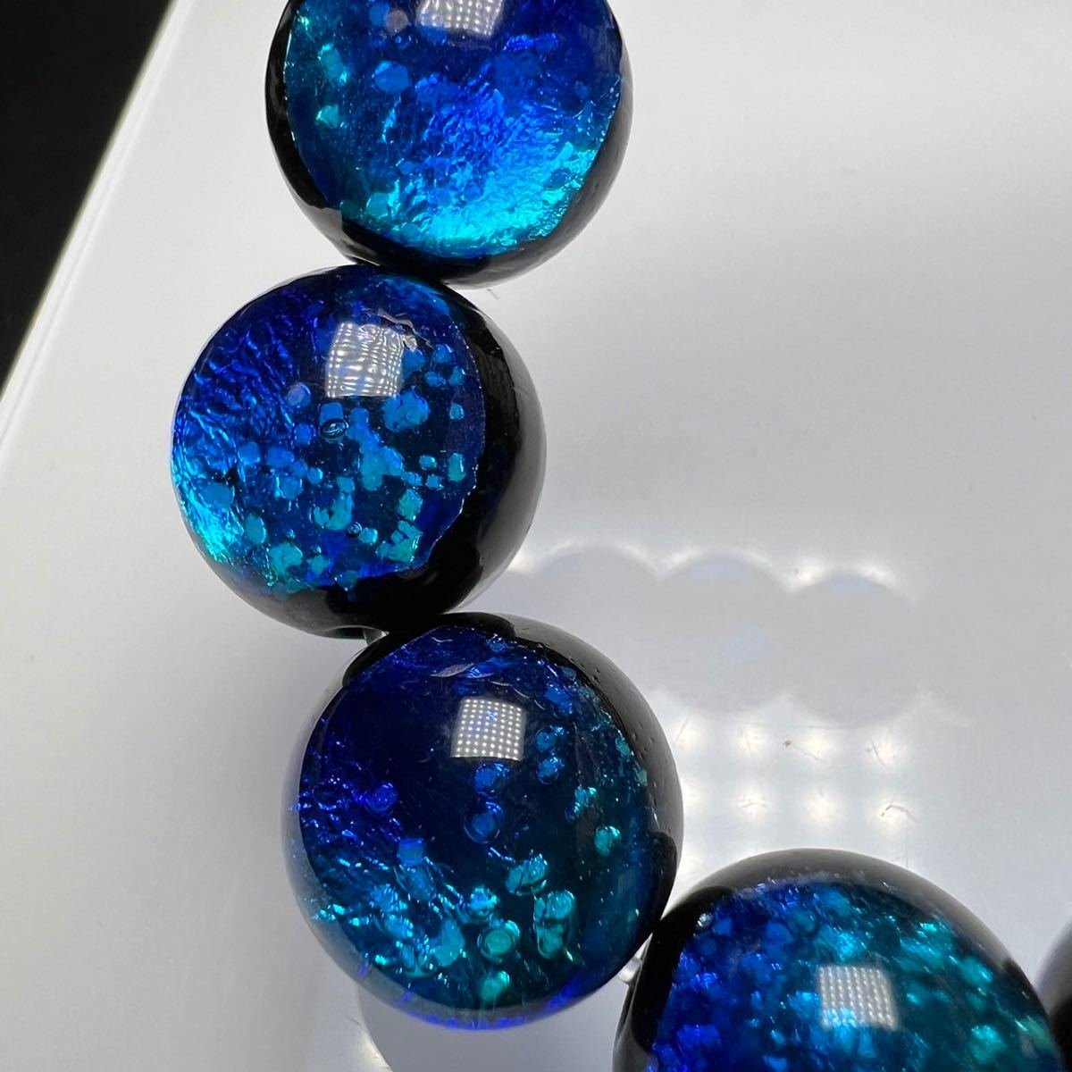 タケトミブルー 蓄光 ホタルガラス 14mm ブレスレット とんぼ玉 とんぼガラス 16.5cm