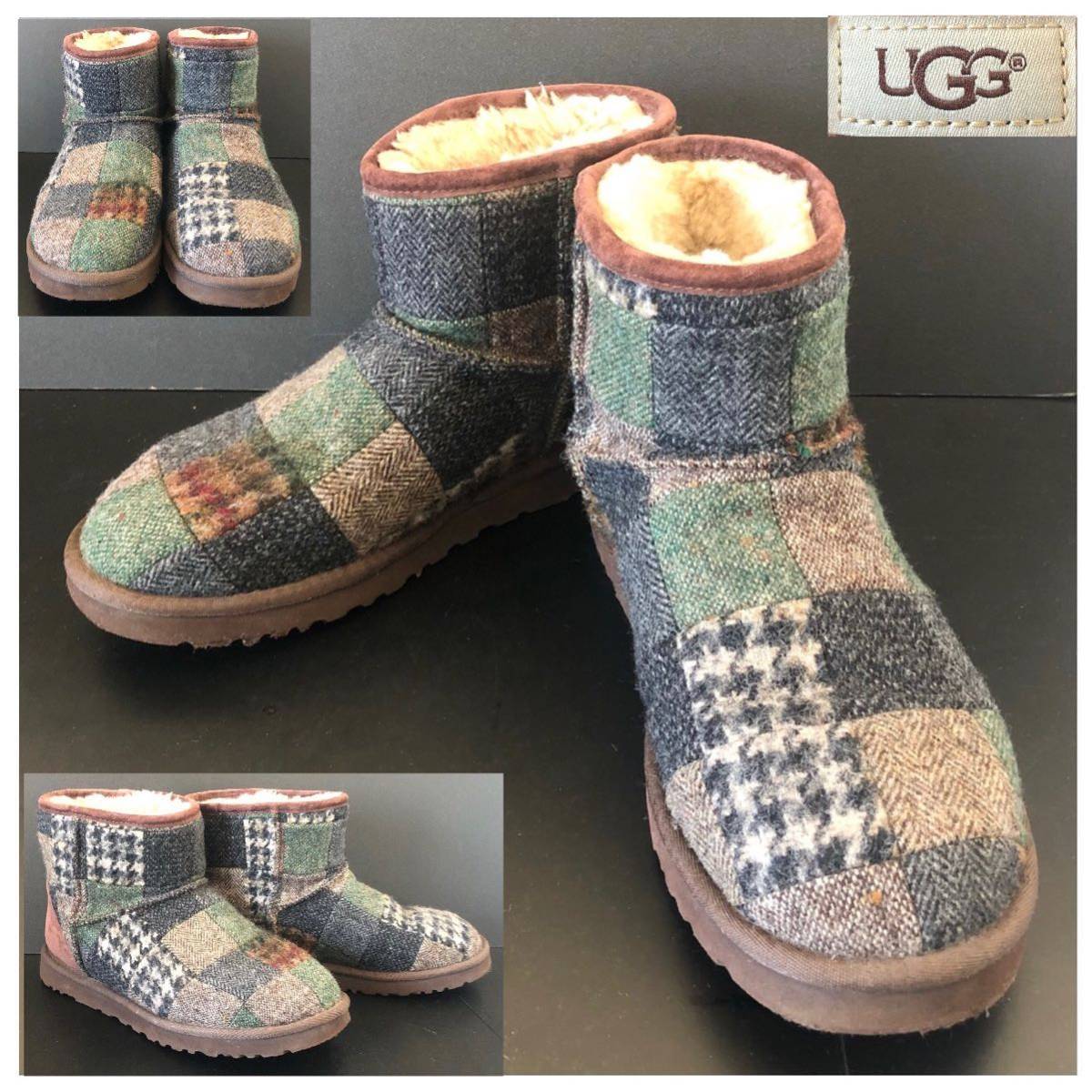 限定 完売 パッチワーク★クラシックミニ ショートブーツ UGG australia★BROWN系マルチ ウールリッチ アグ ムートン ボア スエードレザー