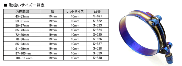 チタン焼きカラー ステンレス フラット ホースバンド 適合径 59-67mm Tボルトクランプ S-623_画像4