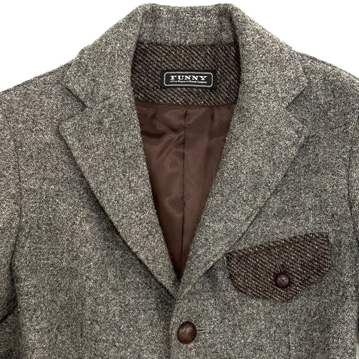 別注 funny HarrisTweed ウール ボーダー生地 切替え レディース ジャケット ブレザー(L)グレー ウエスタン ネイティハリスツイード _画像5