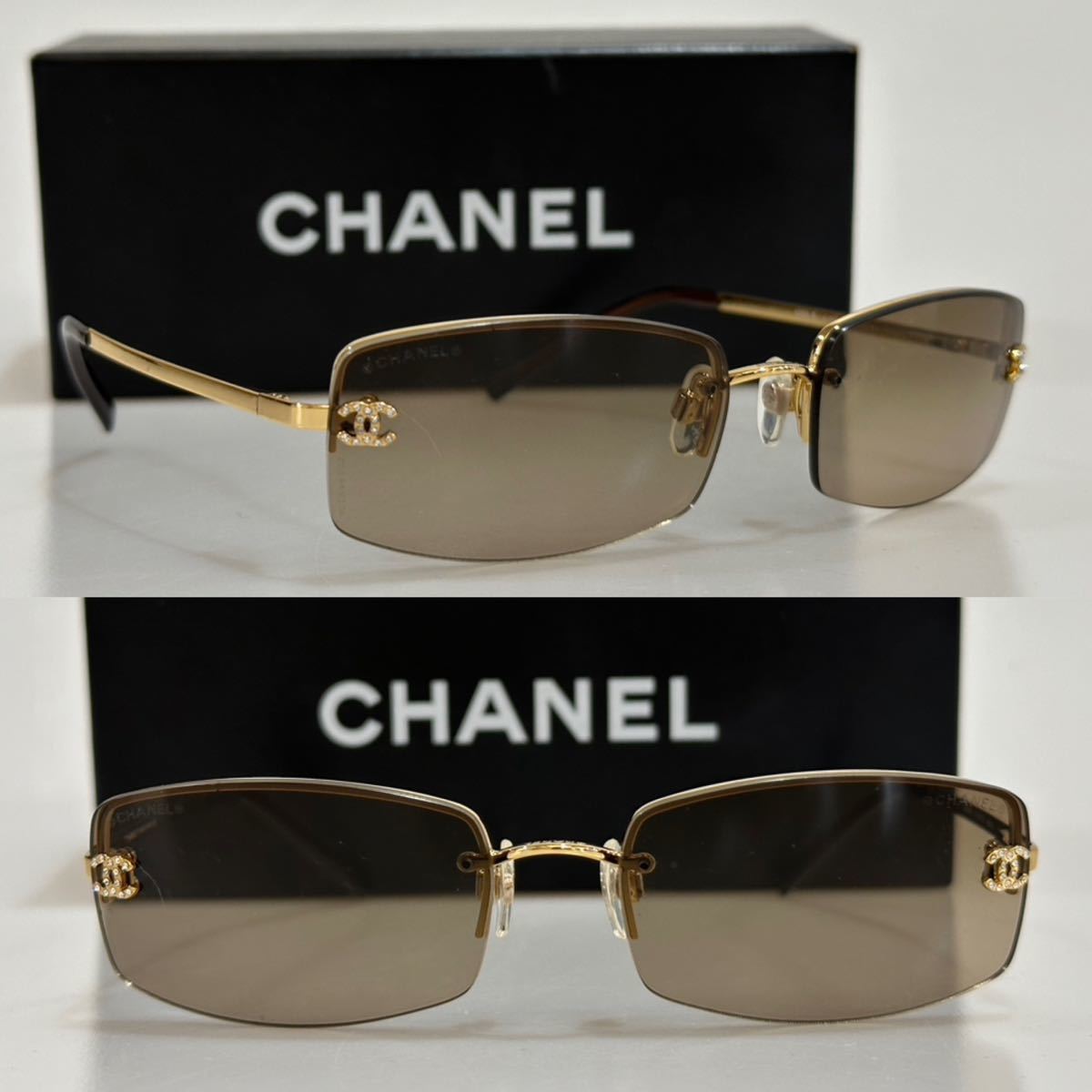  beautiful goods!!90\'s CHANEL Chanel 4093-B c125/13 56 16 rhinestone here Mark g gradation Brown Gold sunglasses vintage