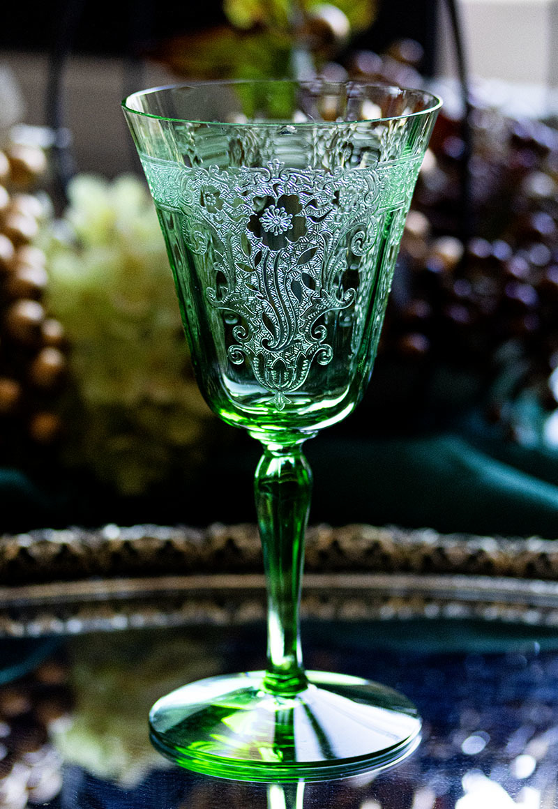 希少！ 1926年～ フォストリア ヴェスパー グリーン クリスタル エッチング シャンパン ワイングラス 酒 ヴァセリングラス アンティーク