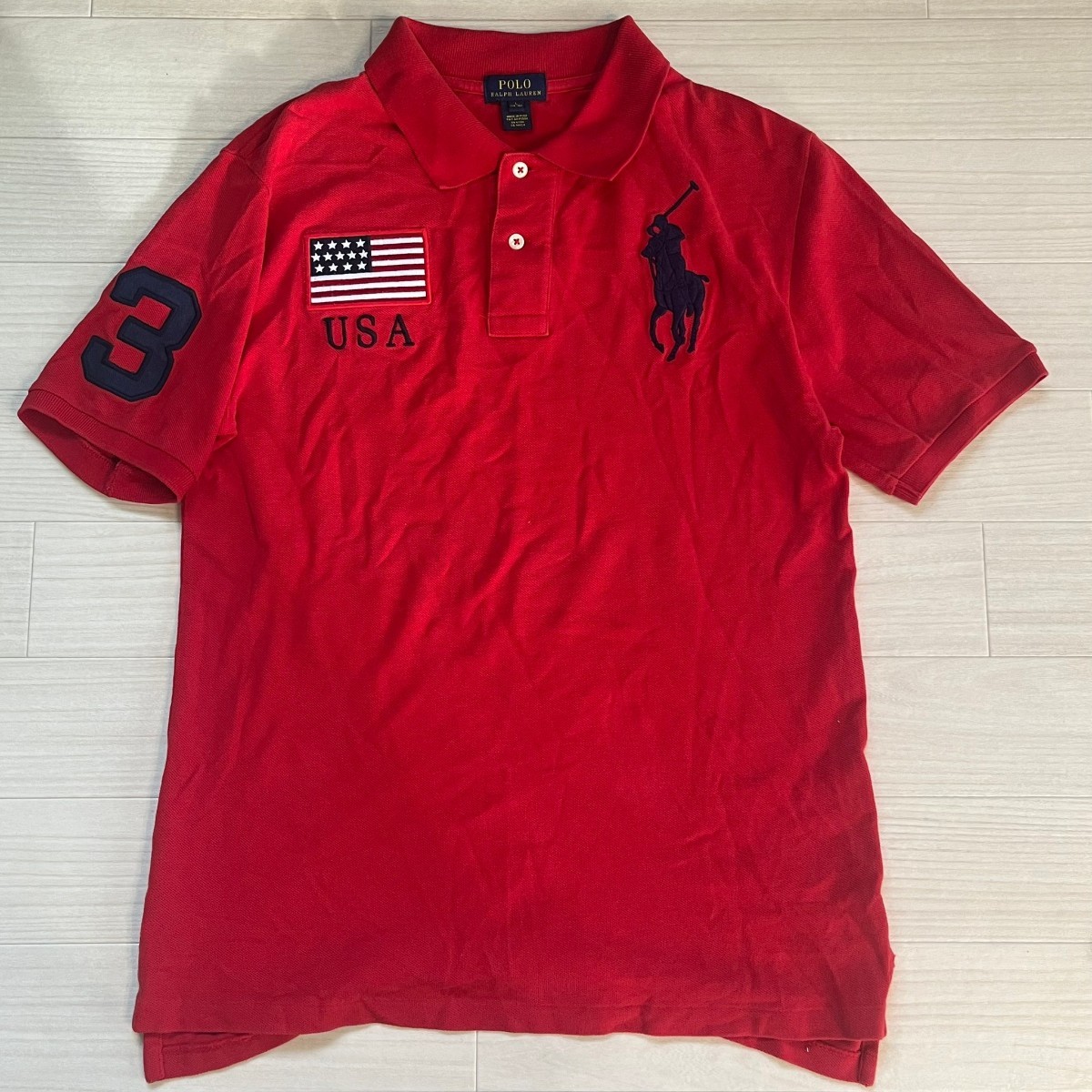 POLO RALPH LAUREN ポロラルフローレン ビッグポニー刺繍入り ポロシャツ 半袖 3 USA 星条旗刺繍 国旗　サイズL_画像1