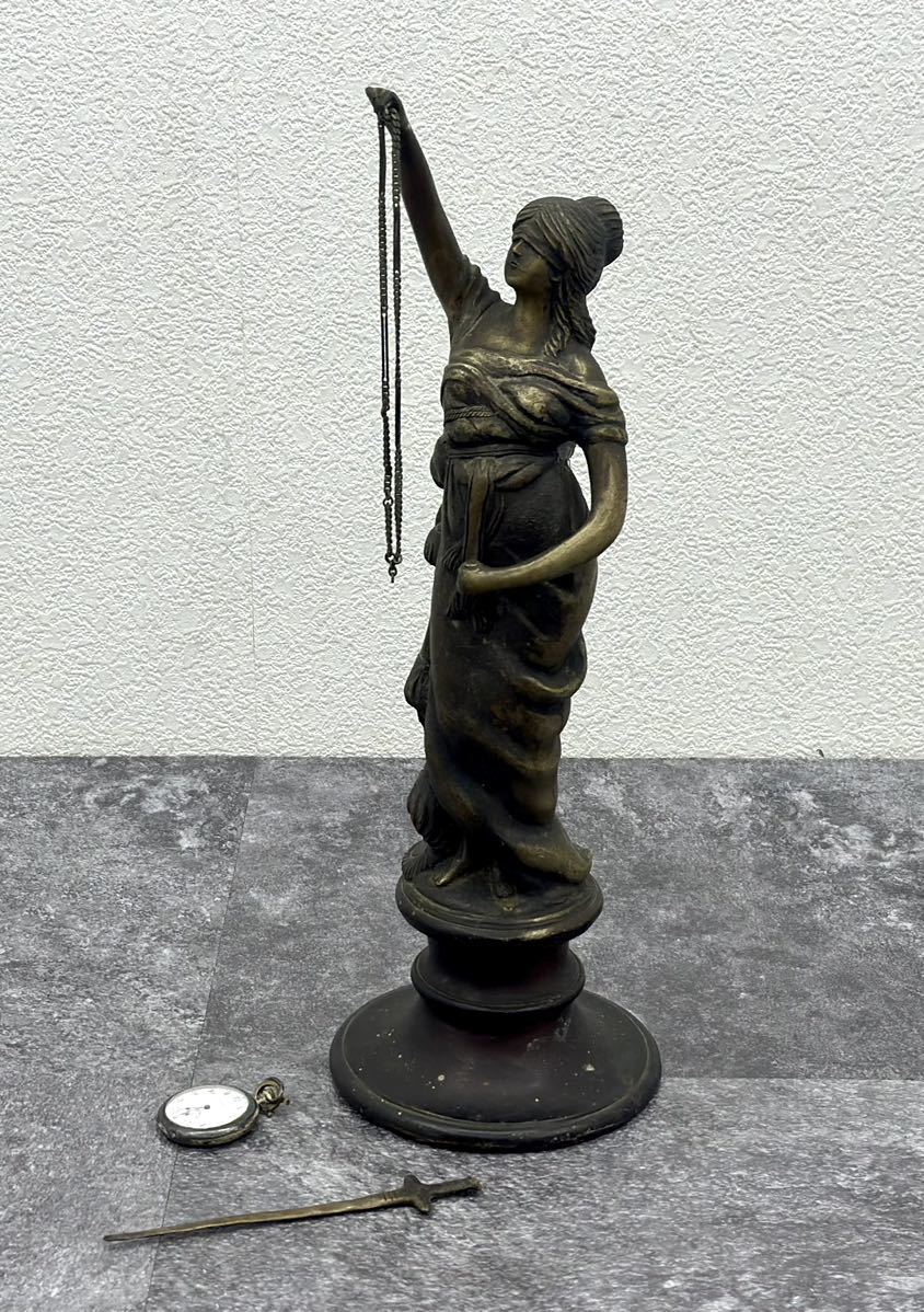 正義の女神 ブロンズ像 銅像 金属製 テミス立像 時計ハンガー アンティーク ジャンク■兵庫県姫路市から d2 23-632